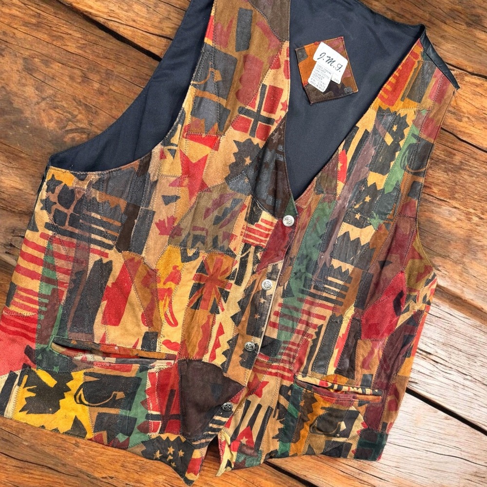 Vintage J.M.I. Vest Women 2XL Multi Color Patchwork Leather Flags Suede Western